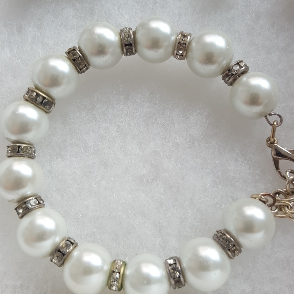 New Handmade Set of 3 Pearl Beaded Bracelet and Earrings rhinestone diamond - Picture 4 of 4